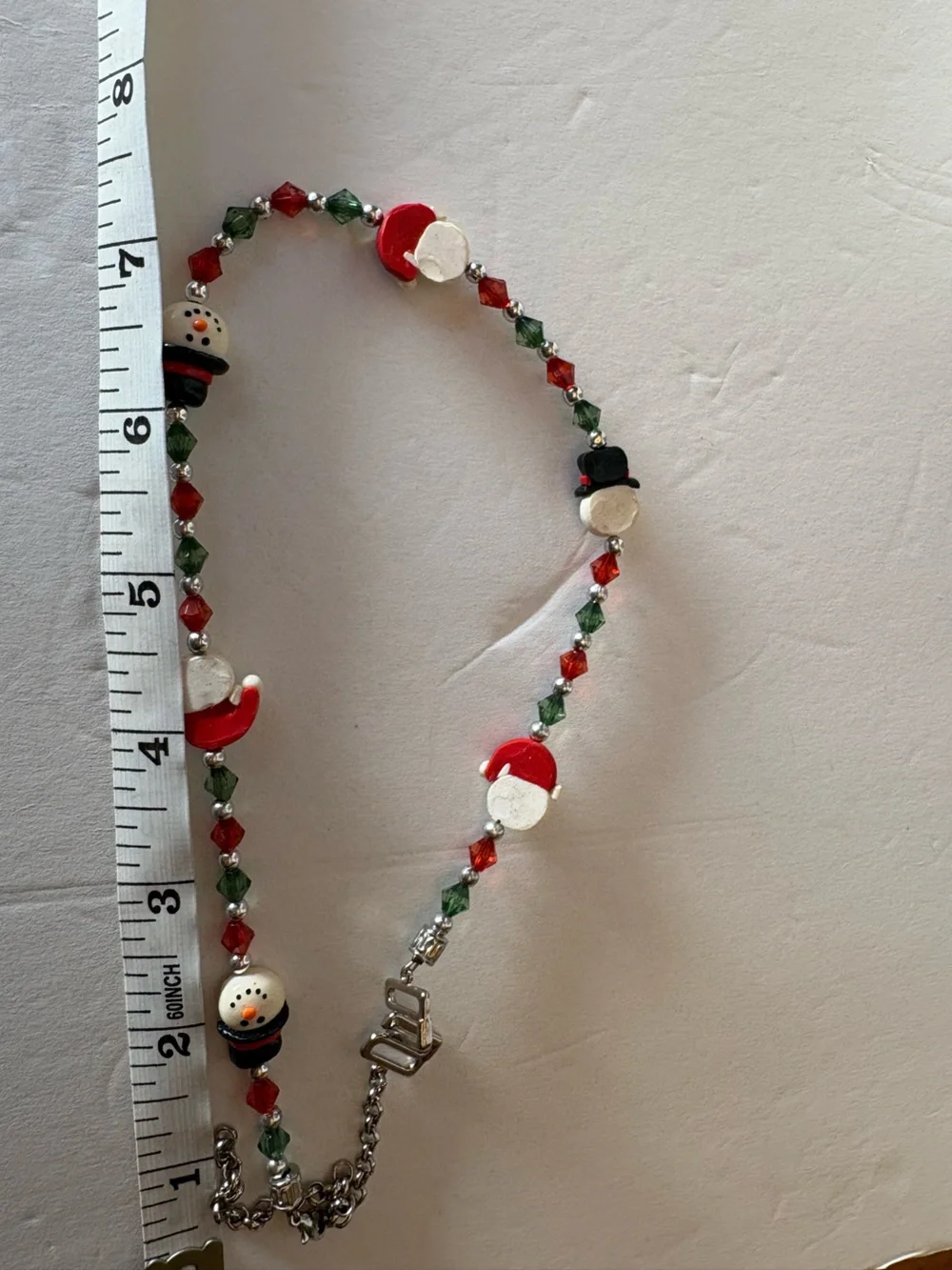 Christmas Snowman Necklace Red Green Holiday Beaded Necklace Winter Jewelry